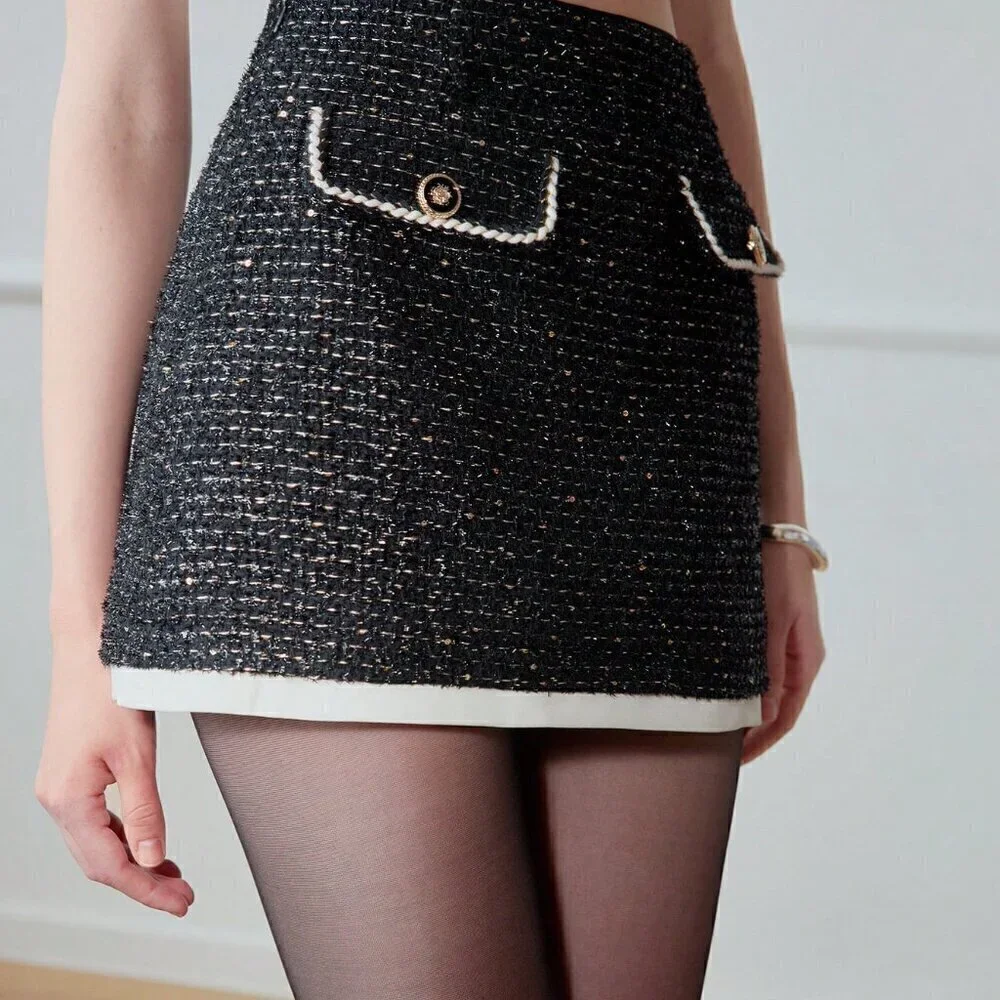Black Elegant Women's Contrast Binding Flap Detail Skirt